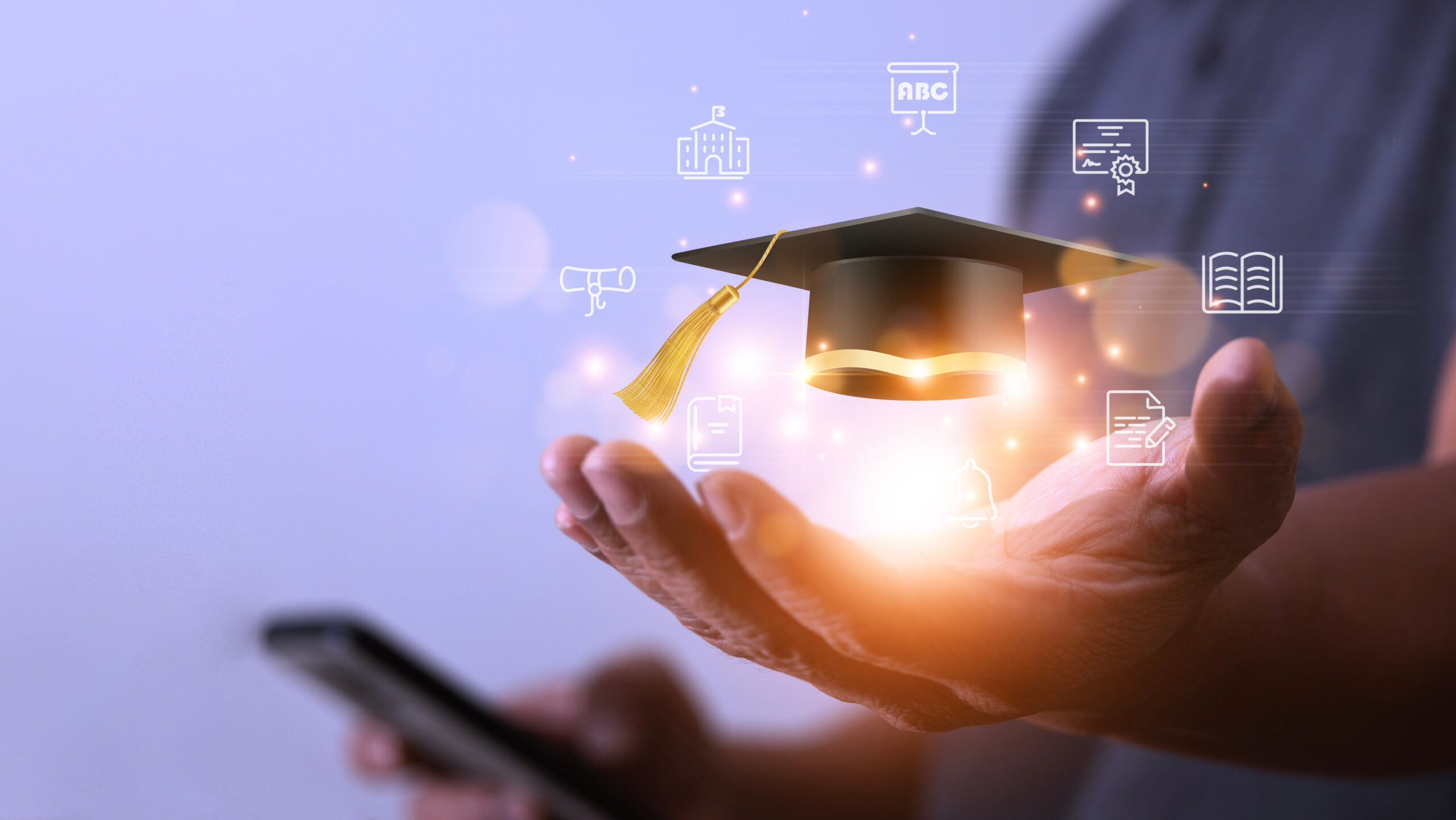 businessman holding graduation cap with educational icons in hand archive of global business education, study abroad, back to school educational concept